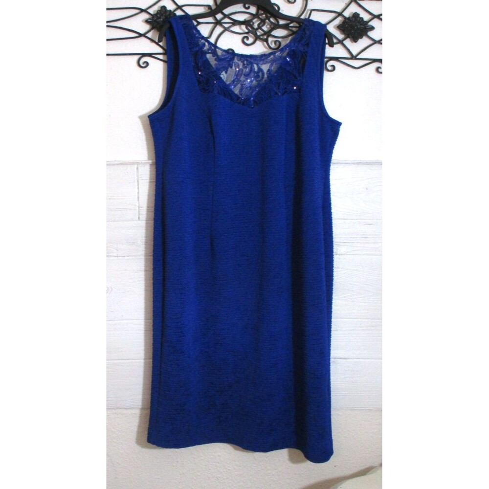 Maya Brooks Knit Dress Women's Size 14W Blue Sleeveless Round Neck Formal